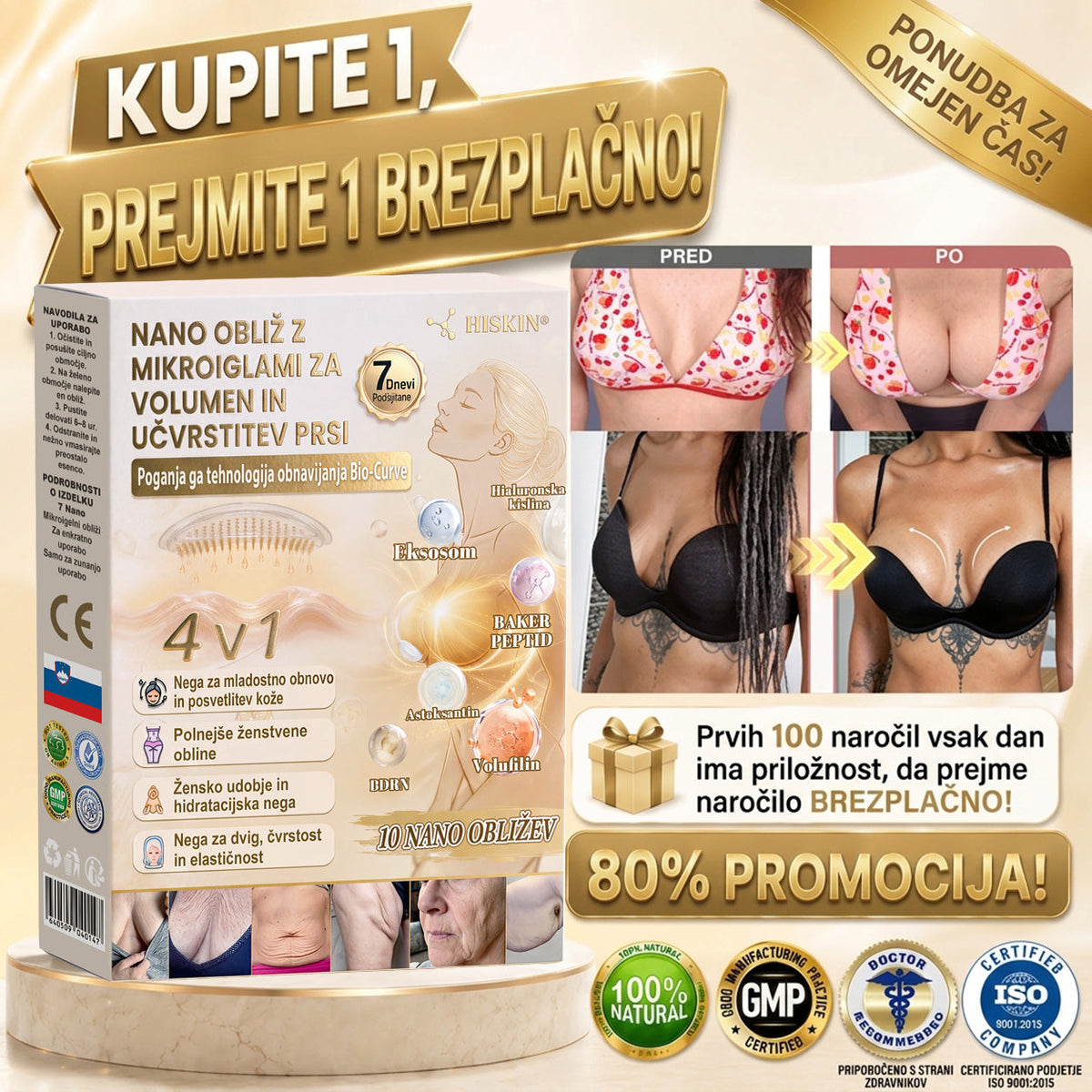HISKIN®🏆 Nano mikroiglični obliži za volumen, dvig in učvrstitev prsi z voluminom + eksosomom + formulo bakrenih peptidov, ki jo poganja tehnologija obnavljanja celic